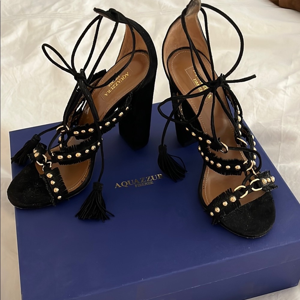 AQUAZZURA Black Strappy Heels with Tassels. Size 8